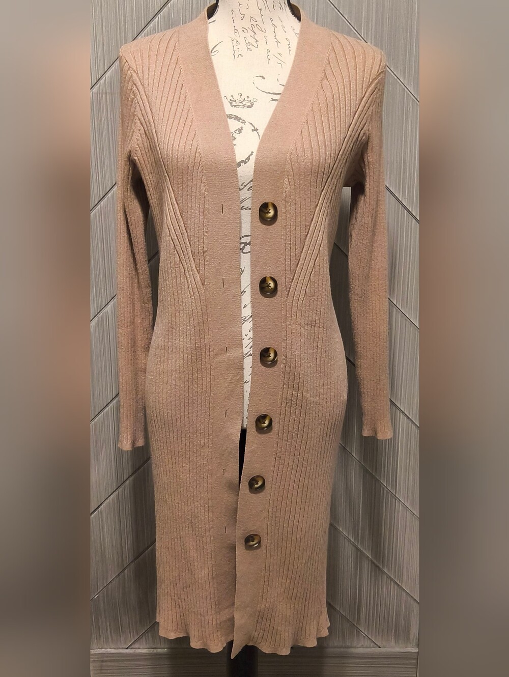 Ava & Viv XXL Tan Ribbed Longline Duster Cardigan Tortoise Buttons Plus Size